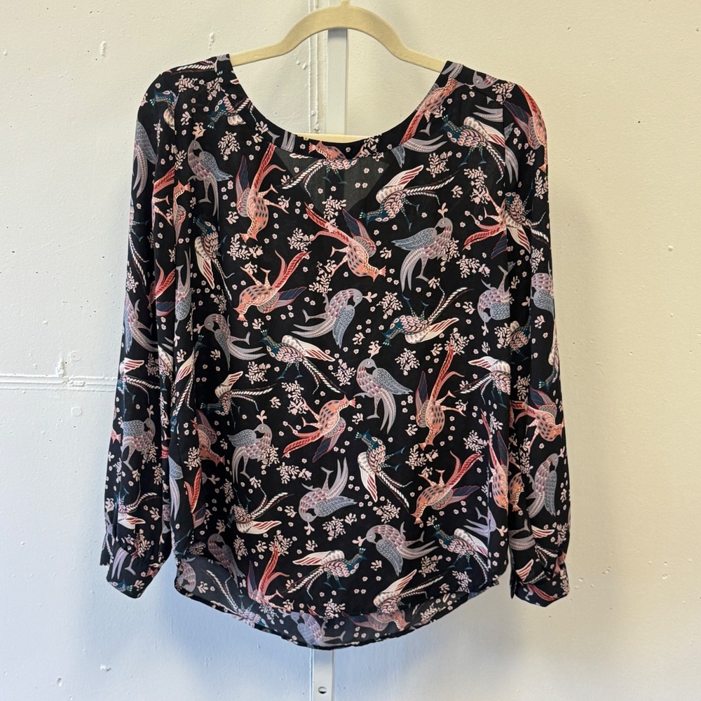 LOFT Outlet Petite Bird Floral Novelty Print Tie Back Blouse Top MP Casual